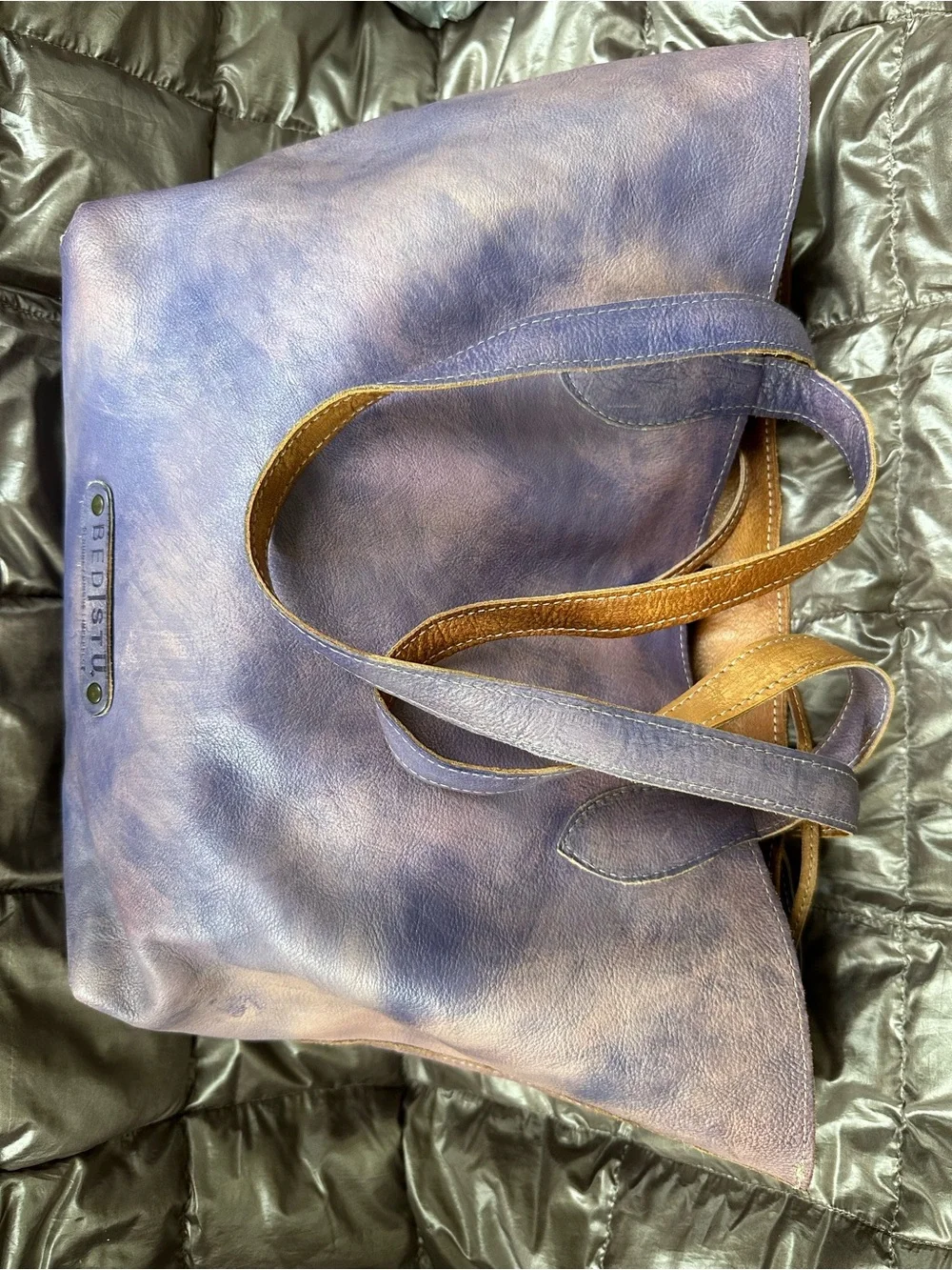 Bed Stu Tote Bag in Brown reversible into Purple Blue
